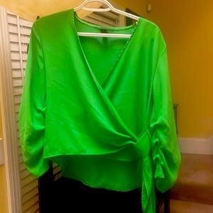 Bright apple green faux wrap 3/4 sleeve blouse.